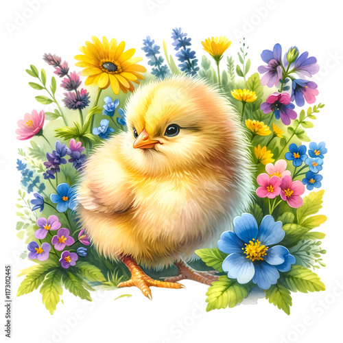 cute spring chick with wildflowers. Isolated watercolor clipart. Design is perfect
 for Easter, nursery decor, greeting cards. 