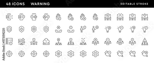 Warning and alert icon collection. Alarm, attention, care, social security, safety, reminder, verification, caution and more. Editable stroke. Pixel Perfect. Grid base 32px.