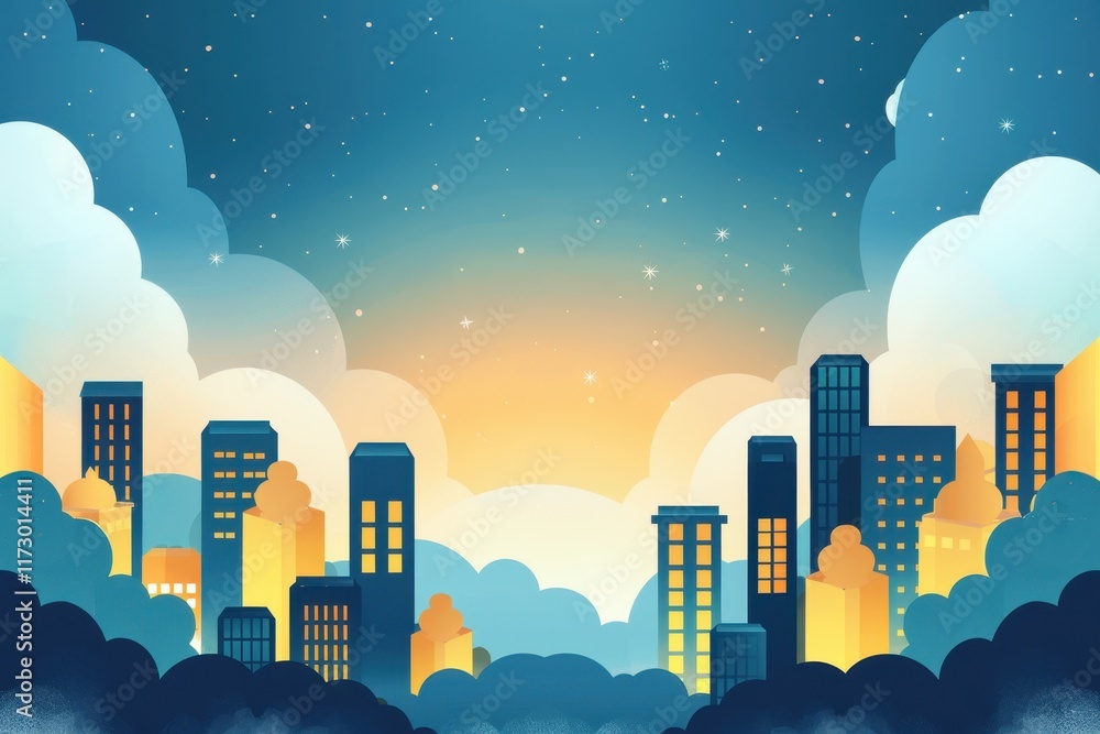 Fototapeta premium City Skyline with Golden Lights and a Starry Night Sky