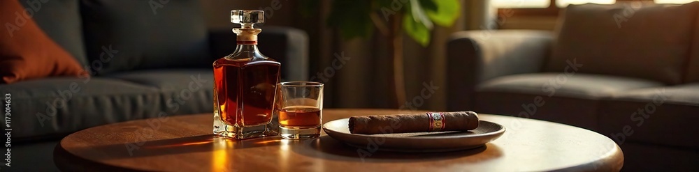 An elegant glass bottle of premium whiskey on a high-end coffee table with a cigar and ashtray placed elegantly nearby, coffee, bottle, ashtray An elegant glass bottle of premium whiskey on a high-end coffee table with a cigar and ashtray placed elegantly nearby, coffee, bottle, ashtray