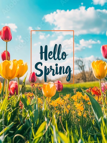 Hello Spring text amidst brightly colored tulips and flowers stretch across a lush green field under a clear blue sky