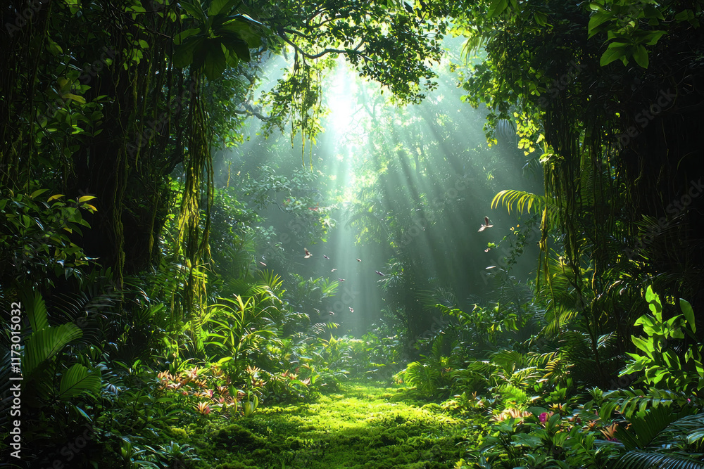 Fototapeta premium Sunbeams illuminate lush jungle path with butterflies, moss, plants