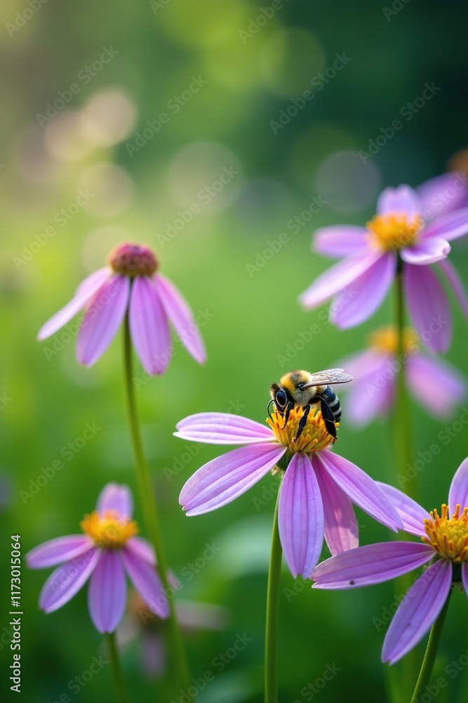 Blue orchard bee and native Camas flowers in a meadow, meadow, flora, camas Blue orchard bee and native Camas flowers in a meadow, meadow, flora, camas