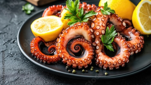 Wallpaper Mural Grilled octopus on black plate. Traditional Mediterranean dish Torontodigital.ca