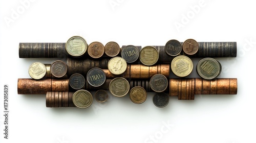 A stacked bar chart made of coins, financial data visualization, realistic digital art, isolated on white background photo