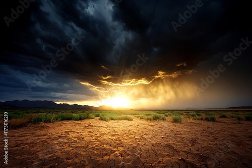 A dramatic landscape showcasing a dark sky with looming clouds, illuminated by a bright sunset, casting light over a dry, cracked earth.