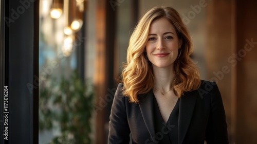Free Download A businesswoman with a subtle smile, standing in a relaxed pose, framed by soft golden-hour lighting and warm tones - GFXLoad