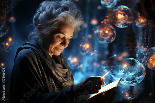 elderly woman with a magic book,.  photo