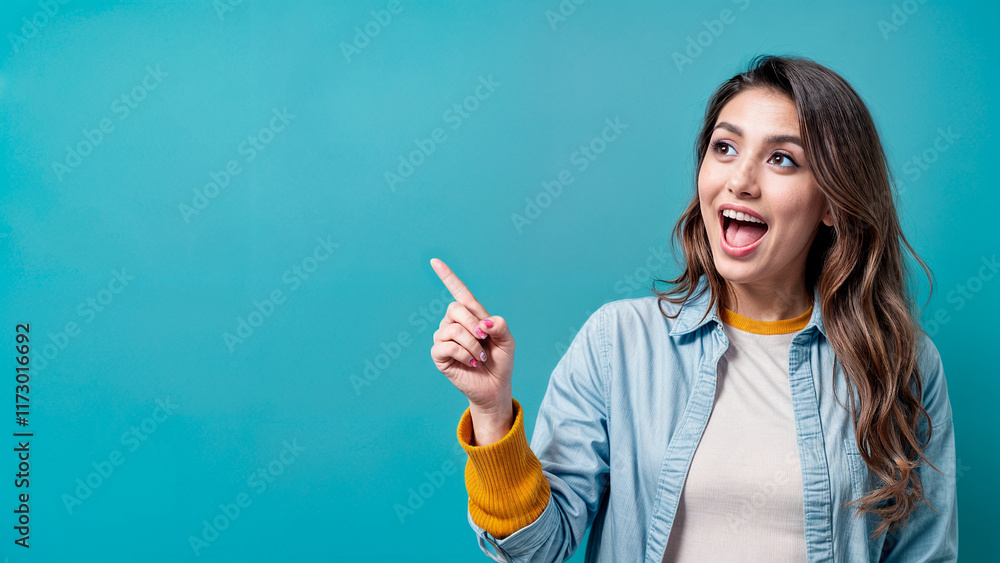 Generated ImagInnovation and Creativity. Attention. Standing out. Young man pointing with index finger. Background is solid blue.e Generated ImagInnovation and Creativity. Attention. Standing out. Young man pointing with index finger. Background is solid blue.e