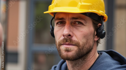 A person wearing a yellow hard hat and a headset, standing outdoors with a blurred background hinting at an open setting.