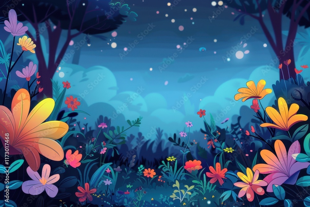 Vibrant Flowers Blooming in a Nighttime Forest Vibrant Flowers Blooming in a Nighttime Forest