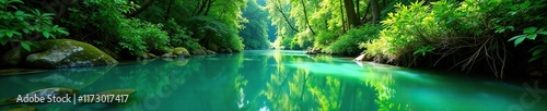 Emerald water flows gently through the forest's heart, flow, scenery, water