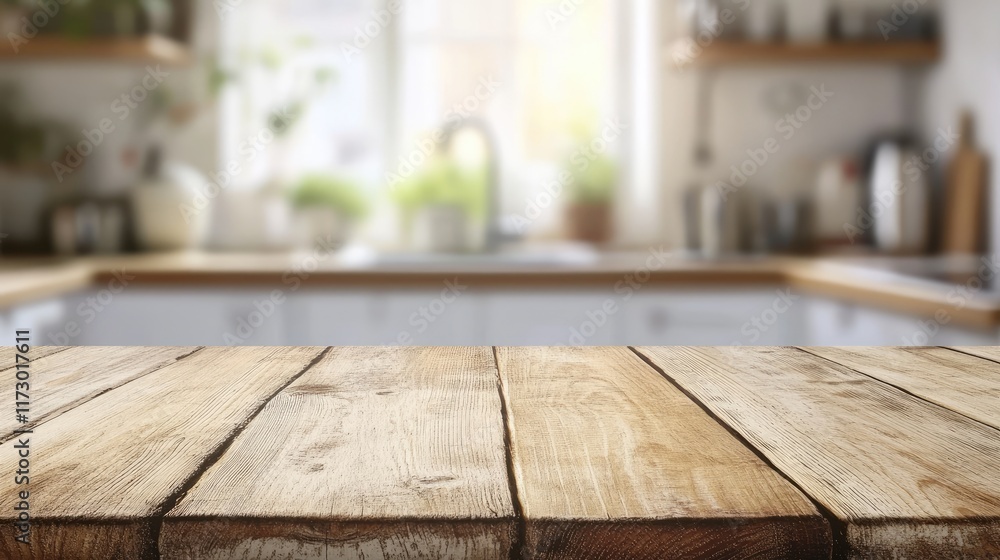 Grunge natural wooden table top with copy space for product advertising over blurred kitchen background at home Grunge natural wooden table top with copy space for product advertising over blurred kitchen background at home