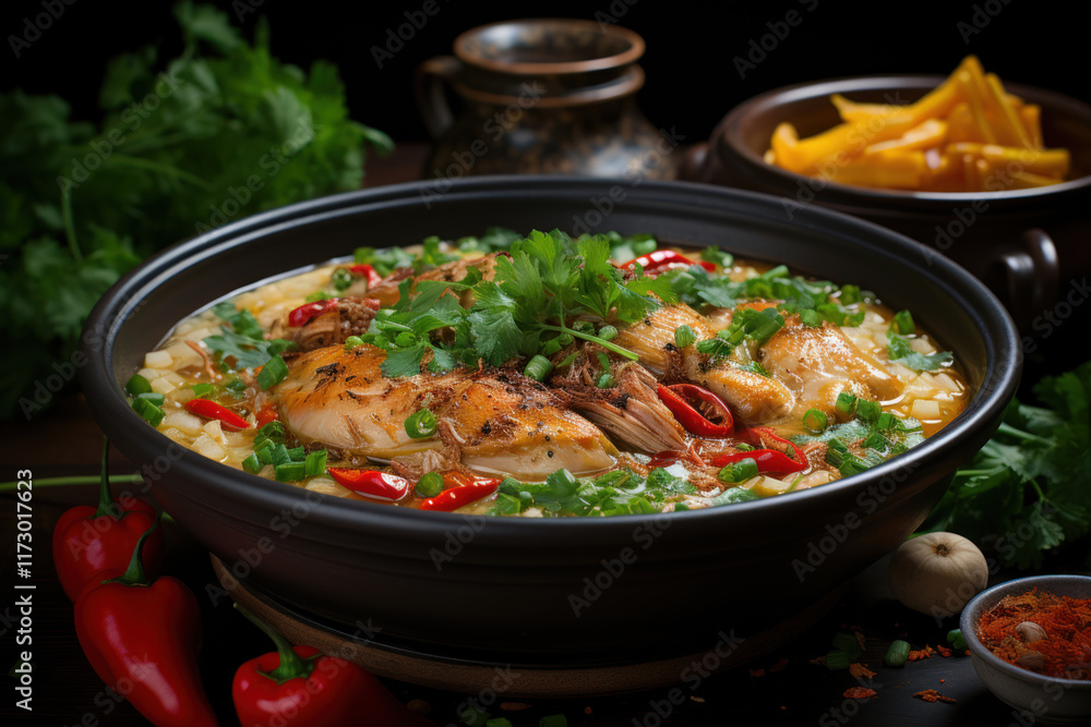 dish of Corn, Bell Pepper and Chicken, hot salad, Soup,. dish of Corn, Bell Pepper and Chicken, hot salad, Soup,.