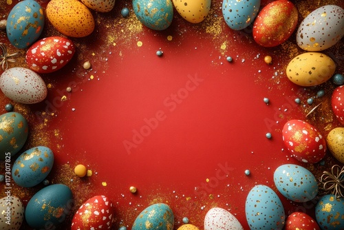 Colorful Easter Eggs with Glitter and Decorative Border on a Red Background, Perfect for Festive Celebrations and Themes Related to Spring and Tradition photo