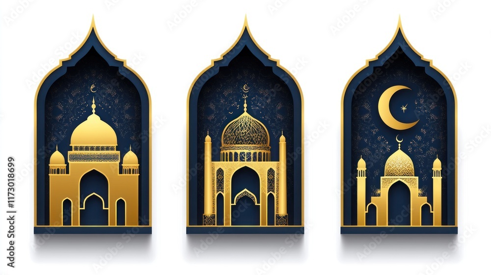 Obraz premium Set of three golden mosques in ornate arches.