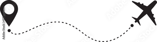 Airplane travel concept with map pins, GPS points. Line path icon. Flight start point concept or theme