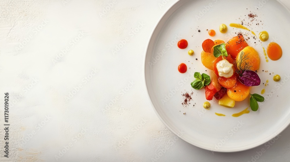 White table with seasonal vegetable dish on minimalist plate White table with seasonal vegetable dish on minimalist plate