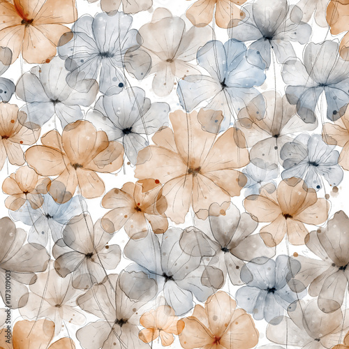 A seamless pattern made from hand drawed watercolor wildflowers in muted colors such as orange, brown and light blue