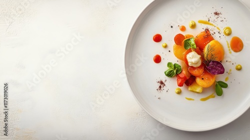 White table with seasonal vegetable dish on minimalist plate photo