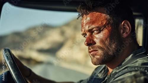 Intense Portrait of a Determined Man in a Vehicle on a Road photo