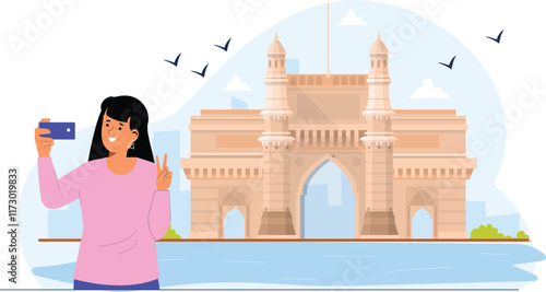 An illustration of Hawa Mahal, showcasing its unique pink sandstone architecture, intricate jharokhas (windows), and detailed carvings, set against a vibrant backdrop