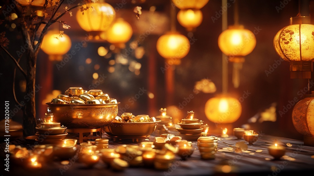 Golden lanterns, candles, and bowls create a warm, festive scene, perfect for celebrating a Chinese festival or cultural event. Golden lanterns, candles, and bowls create a warm, festive scene, perfect for celebrating a Chinese festival or cultural event.