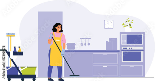 A vector illustration of housekeeping and maintenance, featuring cleaning staff performing tasks such as dusting, mopping, and organizing spaces