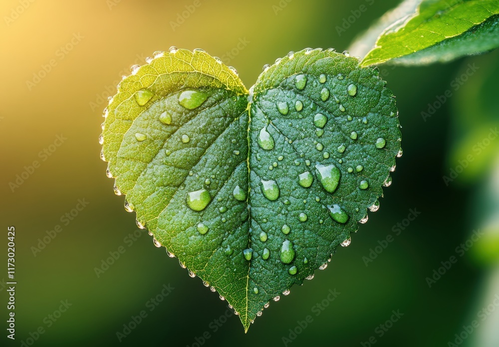Close-up of a green heart-shaped leaf with water droplets in sunny light Close-up of a green heart-shaped leaf with water droplets in sunny light