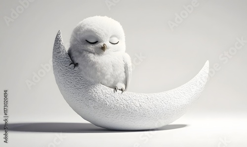Cute fluffy white owl sleeping on a crescent moon. (1)