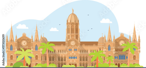 An illustration of Mumbai's heritage, showcasing iconic landmarks like the Gateway of India, Chhatrapati Shivaji Maharaj Terminus, and colonial-era architecture.