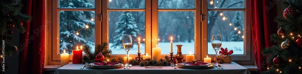 Snowy windowpane with Christmas dinner table and candles, festive, warm Snowy windowpane with Christmas dinner table and candles, festive, warm