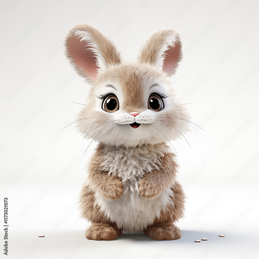 Fototapeta premium Cute Cartoon Bunny Rabbit Fluffy Fur White Background
