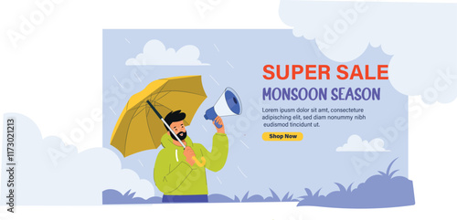 A super sale monsoon-themed illustration for advertisement, featuring bold discount tags, umbrellas, and rain elements, with shoppers grabbing deals under the rainy skies