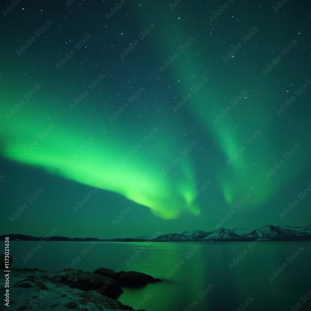 Naklejka premium Softly glowing aurora borealis in the night sky, greenish hue, misty