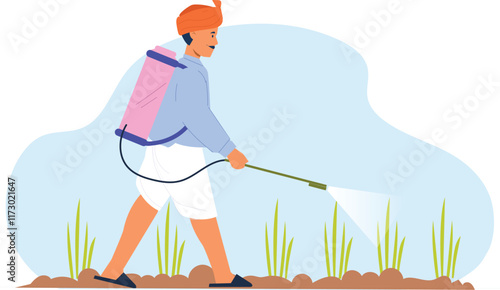 An illustration of an agricultural scene with a farmer spraying crops, highlighting sustainable farming practices, with lush fields, crops in rows, and the farmer using modern spraying equipment.