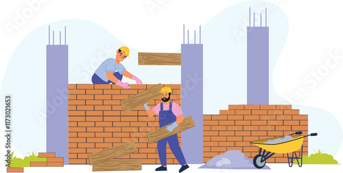 A vector illustration of workers at a construction site, including architects, engineers, and laborers, actively involved in project planning, with construction tools, blueprints, and machinery in the