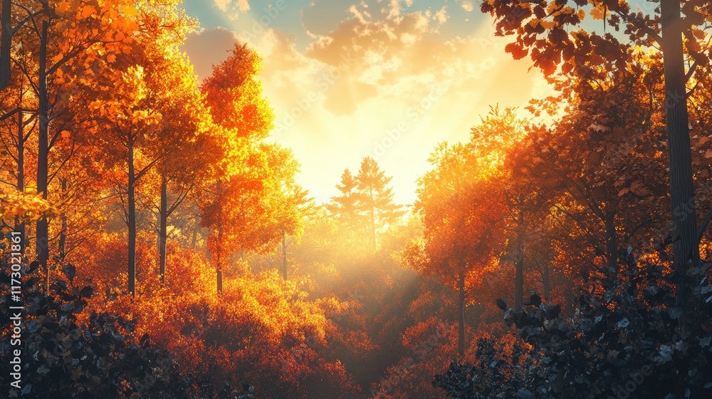 A panoramic shot of a vibrant forest under golden evening light, with soft shadows creating depth and calmness A panoramic shot of a vibrant forest under golden evening light, with soft shadows creating depth and calmness