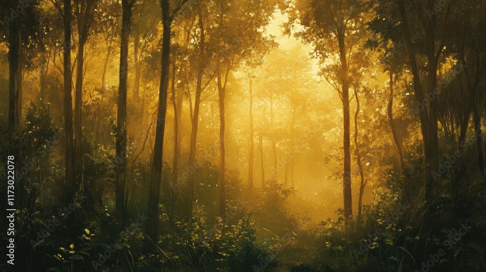 Obraz premium A panoramic view of a golden-lit forest, with sunlight highlighting the tall trees and green underbrush