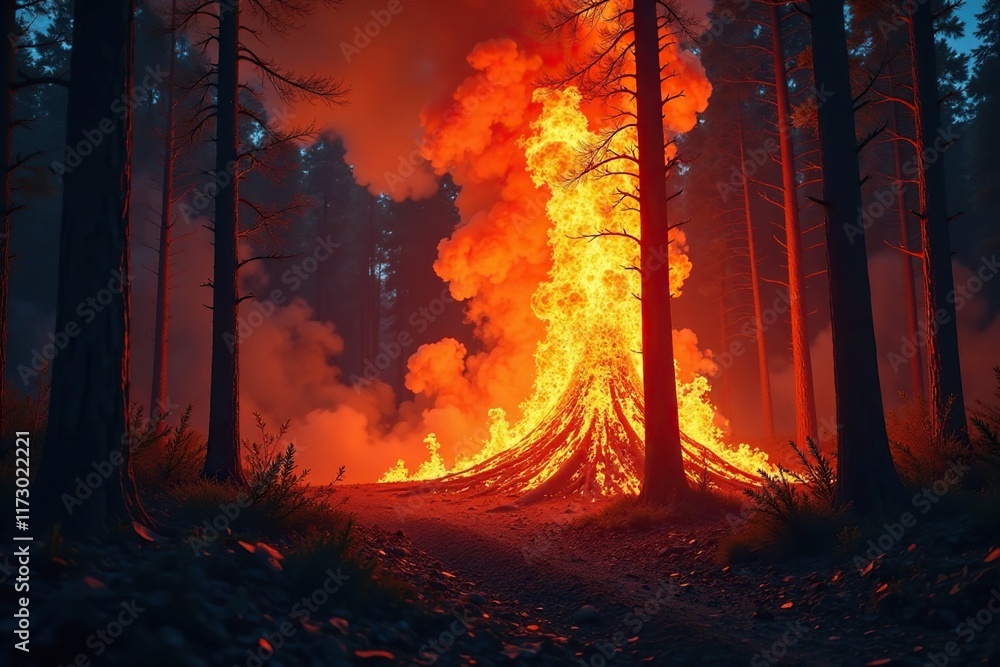 Towering inferno with burning trunks and branches, forest, smoke, ash Towering inferno with burning trunks and branches, forest, smoke, ash