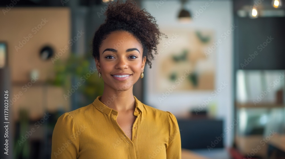 A casual businesswoman wearing smart-casual attire, illuminated by soft light, standing confidently in a contemporary office space A casual businesswoman wearing smart-casual attire, illuminated by soft light, standing confidently in a contemporary office space
