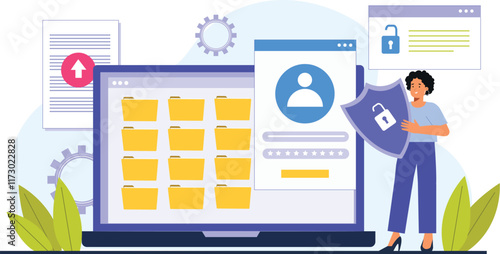 A cybersecurity solutions illustration for online safety, featuring a digital shield protecting data from cyber threats, with elements like firewalls, encryption keys, and secure networks