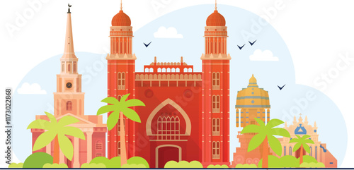 A cultural heritage of Chennai illustration, featuring iconic landmarks like the Kapaleeshwarar Temple, Marina Beach, and the Government Museum, blended with traditional elements such as Bharatnatyam 