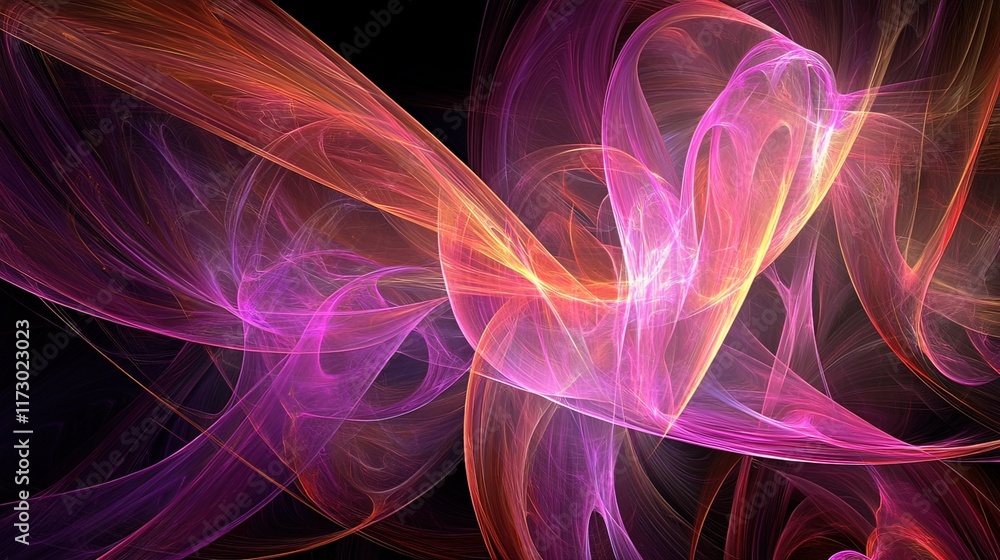 Fototapeta premium Abstract swirling pink and orange light trails on black background.