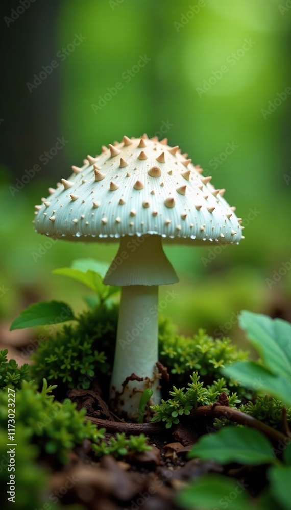 White mushroom cap with a distinctive shape growing among foliage, trees, leaves, branches White mushroom cap with a distinctive shape growing among foliage, trees, leaves, branches
