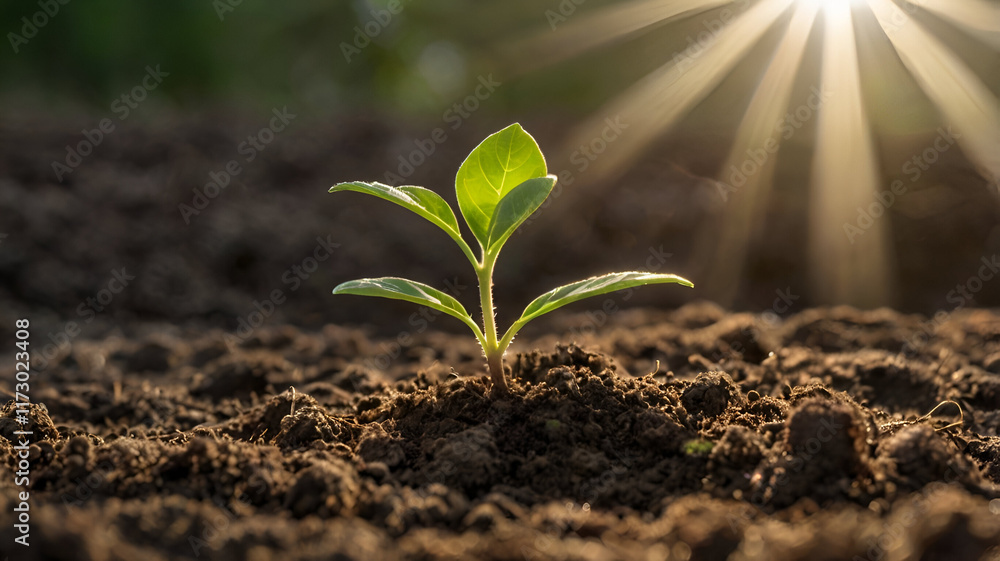 Fototapeta premium A vibrant green sprout emerges from the soil, symbolizing growth and new beginnings.