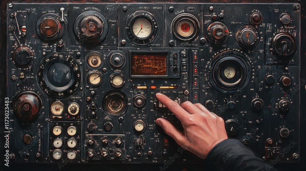 Obraz premium Vintage Control Panel with Hand Adjusting Knobs and Dials