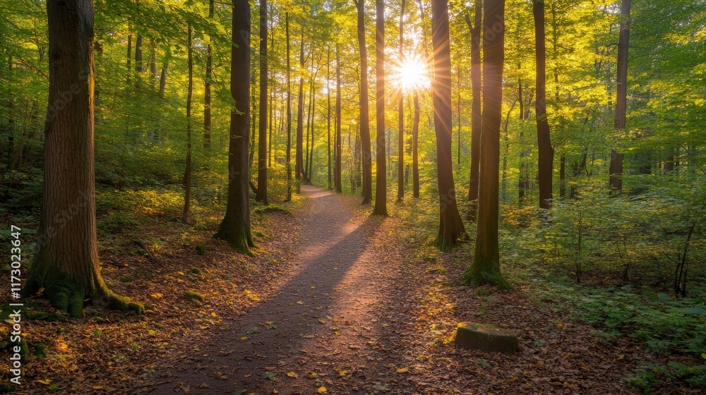 Fototapeta premium A serene forest path illuminated by sunlight, inviting exploration and tranquility.