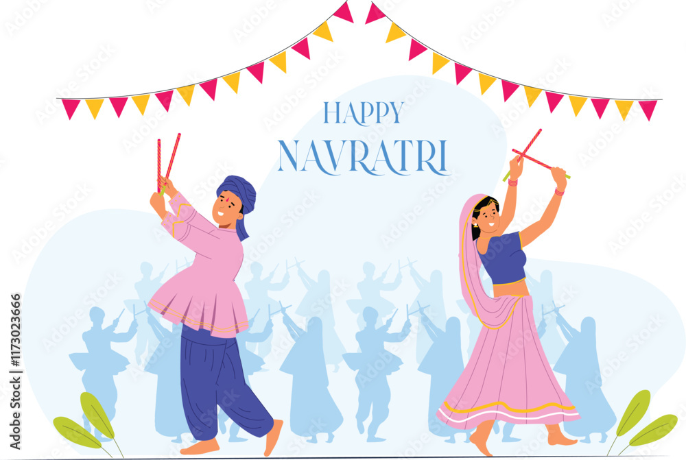 Obraz premium A Happy Navratri illustration showcasing a lively Garba dance celebration, with people dressed in traditional attire, dancing joyfully around a decorated circle