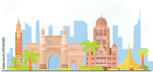 A Gateway to Mumbai illustration depicting the iconic Gateway of India, with intricate architectural details, the bustling waterfront, and boats in the foreground